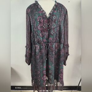 Frye & Co Long Sleeve V Neck Dress Teal, Plum, Magenta Womens Plus 2X NWT Boho